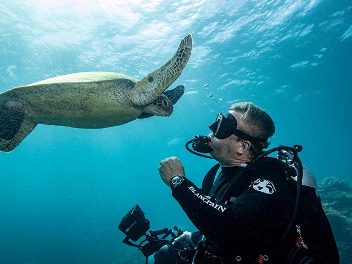 A diver up close with a turtle.
